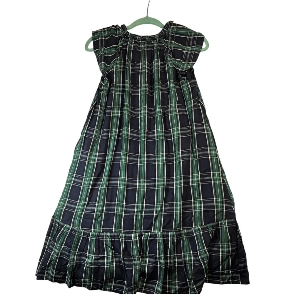 Loft Navy Green Plaid Sleeveless Midi Dress Ruffle‎ Neck Casual Boho Cap Sleeve - Picture 2 of 8